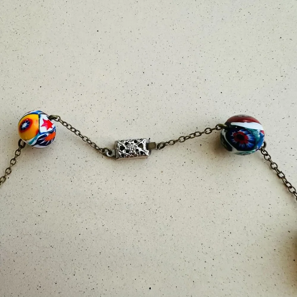 Vintage Venetian Murano Millefiori Bead Choker Necklace Mosaic Boho Art Deco